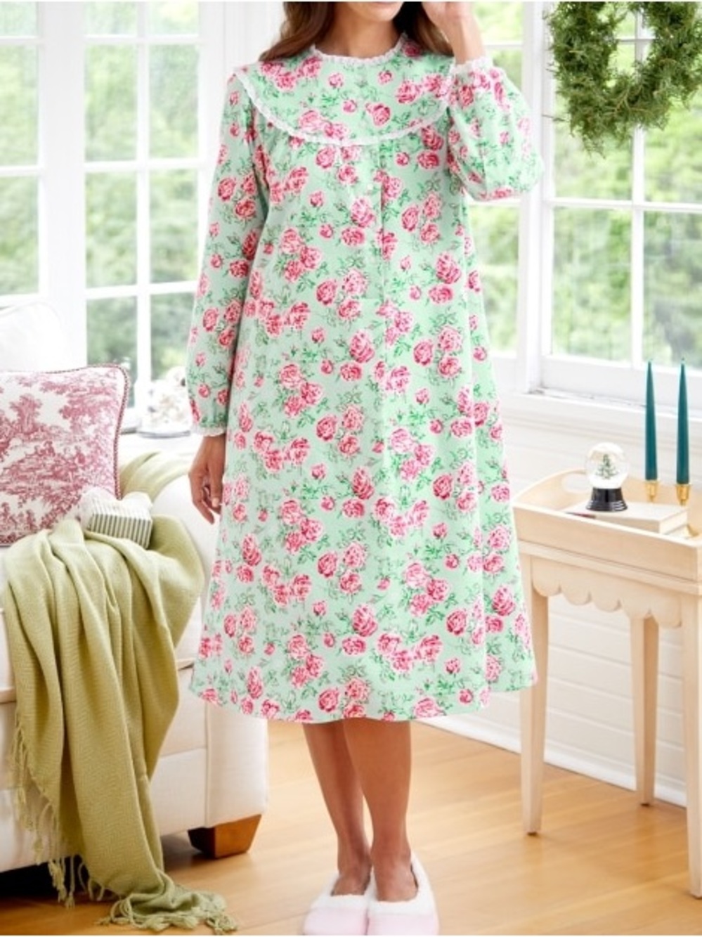 Lanz Nantucket Rose Cotton Flannel Nightgown, 44 Inch Grannycore